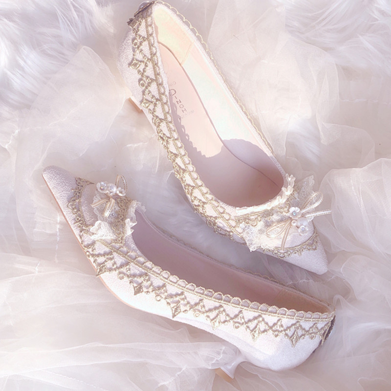 Court Heel Pointed - Lolita สไตล์ศาลรองเท้าส้นสูงชี้รองเท้าผู้หญิงหวาน Retro ตื้นปาก Kawaii รองเท้า