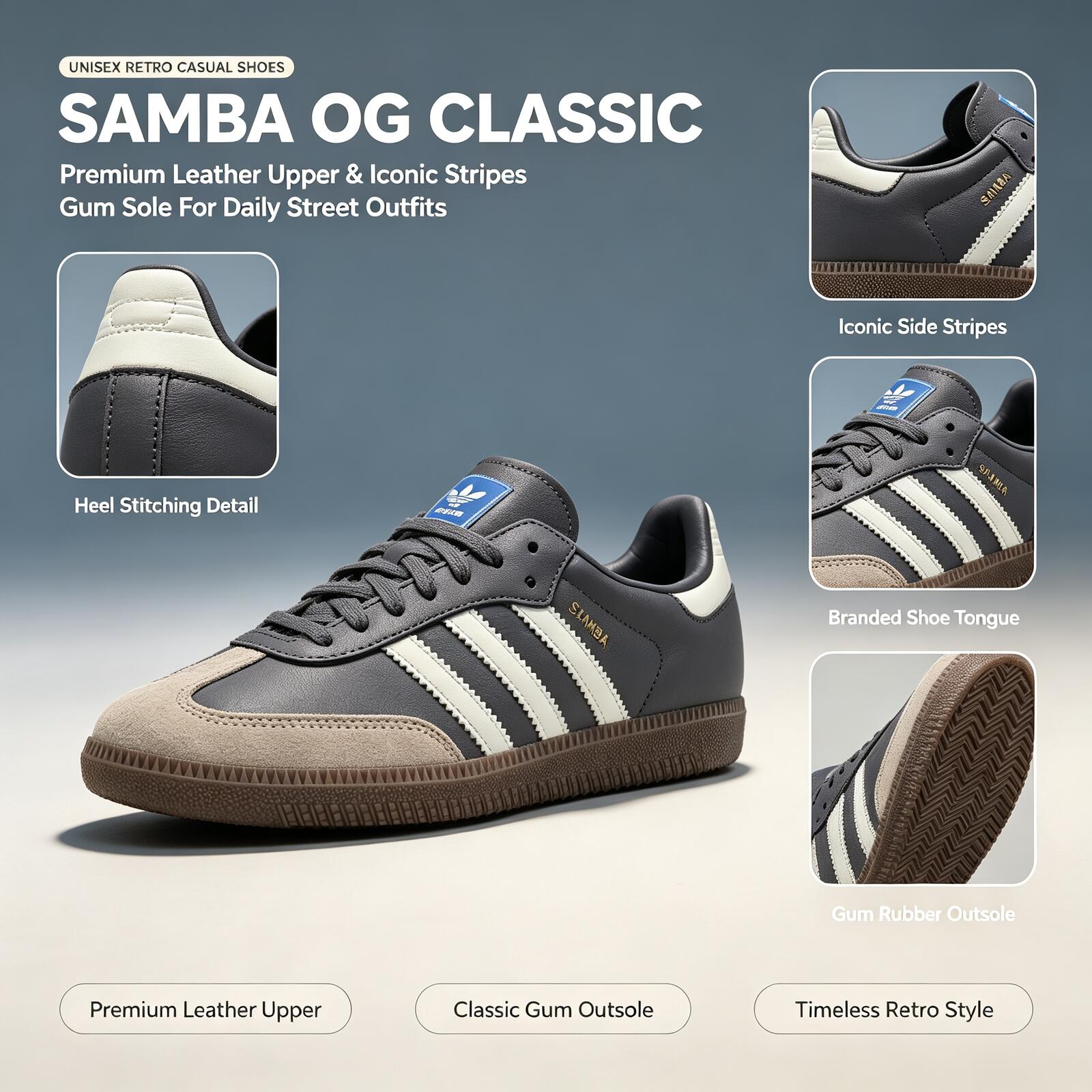 Adidas Shoes Samba - รองเท้าสเก็ตบอร์ด Adidas SAMBA OG ของแท้สำหรับทุกเพศ สีเทา