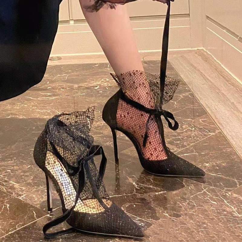 Women Shoes Boots - รองเท้าส้นสูงหัวแหลมแบบใหม่สำหรับฤดูใบไม้ผลิและฤดูร้อน ระบายอากาศได้ดี ตกแต่งด้วยเชือกผูกและผ้าตาข่าย เหมาะสำหรับงานเลี้ยง สวมใส่สบาย ดีไซน์หลากหลาย