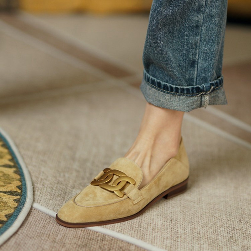 Women Shoes Loafers - หนังนิ่มหนังผู้หญิง Loafers ฤดูใบไม้ผลิ/ฤดูใบไม้ร่วงรองเท้าส้นสูงผู้หญิงรองเท้ารอบ Toe Chunky ส้นปั๊มโลหะหัวเข็มขัดรองเท้าสำหรับสตรี