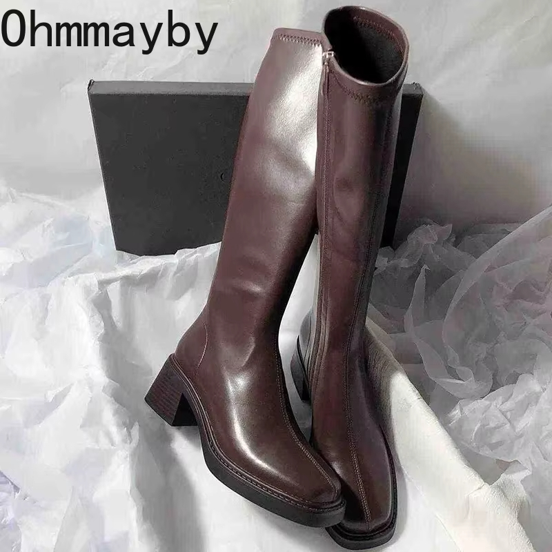 Knee High Boots Women - Vintage ส้นหนาผู้หญิงเข่ารองเท้าบูทสูงแฟชั่นซิปด้านข้างรองเท้าฤดูใบไม้ร่วงฤดูหนาวสุภาพสตรีกระชับยาว Botas De Mujer