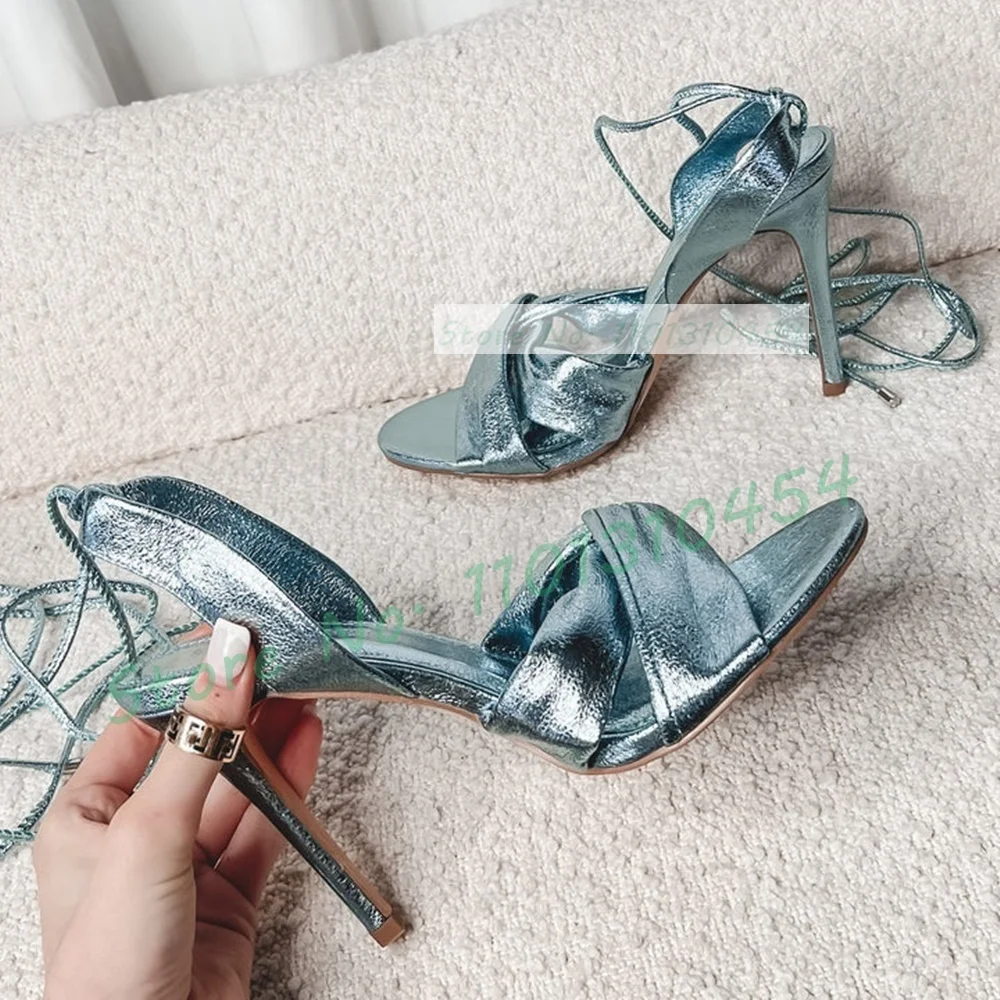 Metallic Heel Sandal - รองเท้าแตะรัดส้นสีฟ้าเมทัลลิคเปิดนิ้วเท้าสำหรับผู้หญิงรองเท้าปาร์ตี้สุดหรูรองเท้าแตะส้นเข็ม