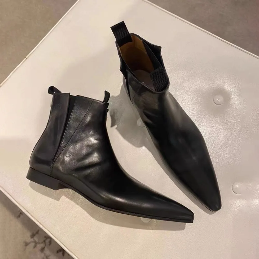 Women Shoes Luxury Brand - รองเท้าบูทสั้นผู้หญิงสุดหรู ฤดูใบไม้ร่วง/ฤดูหนาว หนังแท้ รองเท้าบูทเชลซีทรงแหลม รองเท้าเดรสสำหรับผู้หญิง รองเท้าบูทดีไซน์ทันสมัยแบรนด์ดัง
