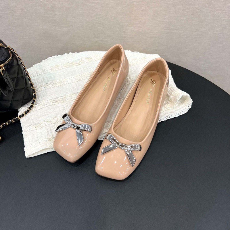Women Shoes Loafers - รองเท้าส้นเตี้ยทรงโบว์สไตล์อาร์ตสำหรับผู้หญิง รุ่นใหม่ หัวเหลี่ยม เสริมส้นด้านใน