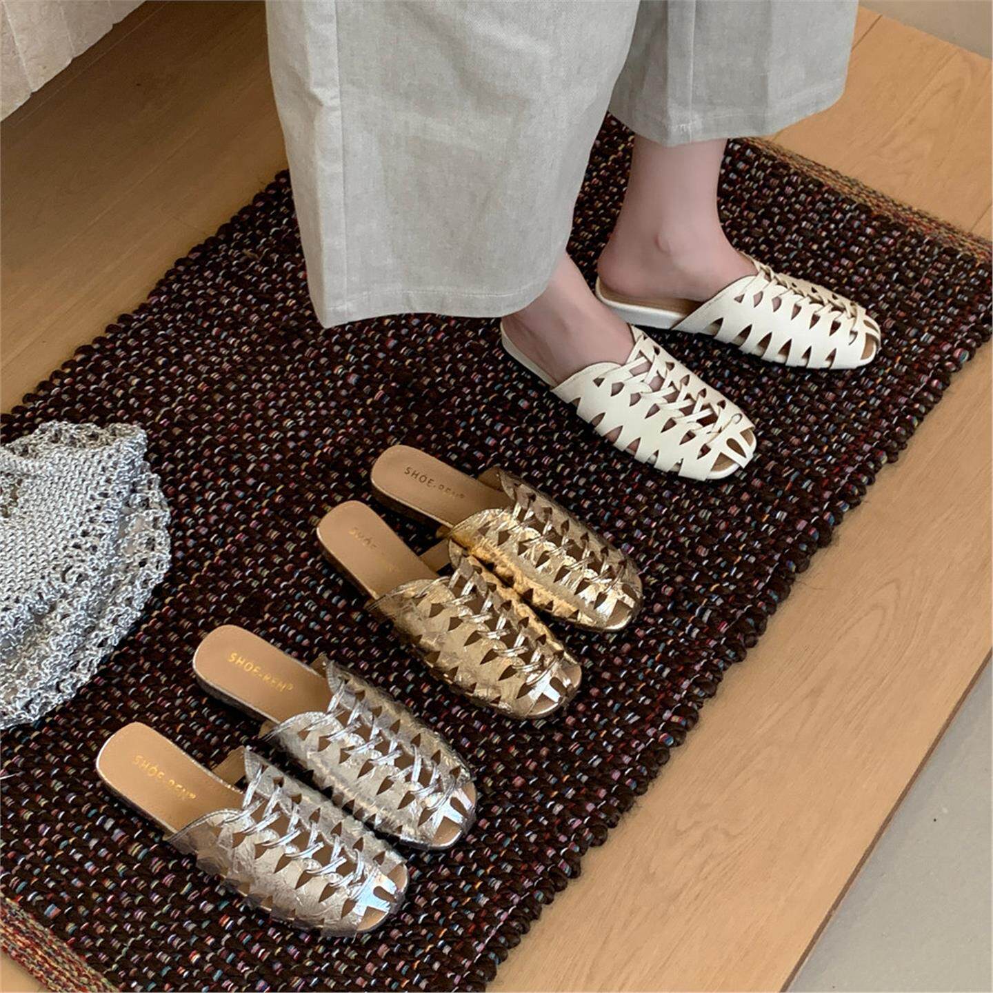 Women Shoes Luxury Brand - รองเท้าแตะสานตาข่ายแบบโปร่ง แบรนด์หรู ทำมือ สำหรับผู้หญิง ใส่สบาย ระบายอากาศได้ดี