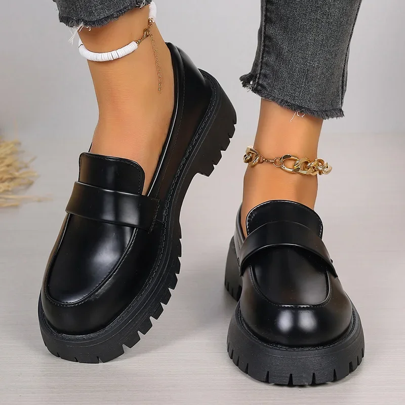 Women'S Shoes Loafers Black - รองเท้าโลฟเฟอร์สีดำสไตล์อังกฤษสำหรับผู้หญิง แบบสวม พื้นหนา หนัง PU ขนาดใหญ่พิเศษ
