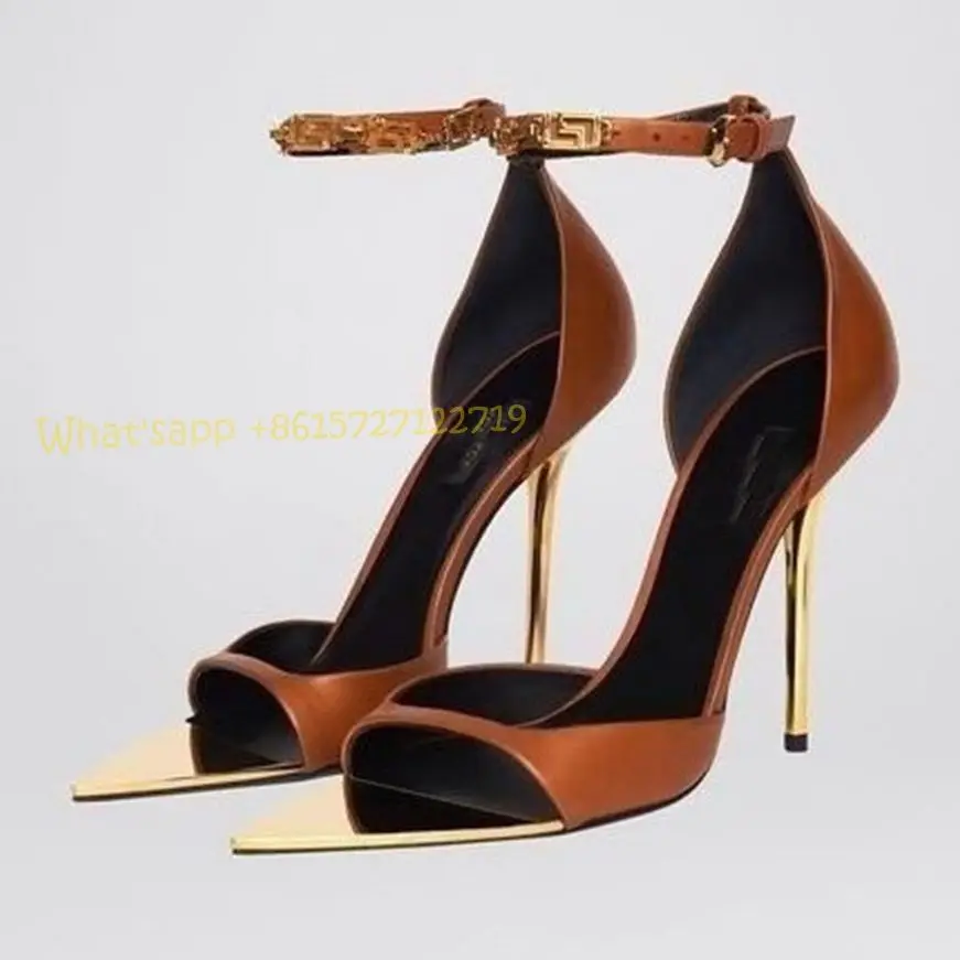 Women Shoes Luxury Brand - ผู้หญิงรองเท้าส้นผ้าไหมรองเท้าแตะ Tan ยี่ห้อโลหะ Peep Toe Stiletto