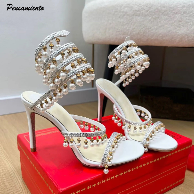 Rhinestone Sandal Women - รองเท้าส้นสูงประดับมุกและคริสตัลหรูหรา สไตล์กลาดิเอเตอร์ สายรัดข้อเท้าลายงู ผ้าซาติน เหมาะสำหรับงานเลี้ยงฤดูร้อนและงานแต่งงาน