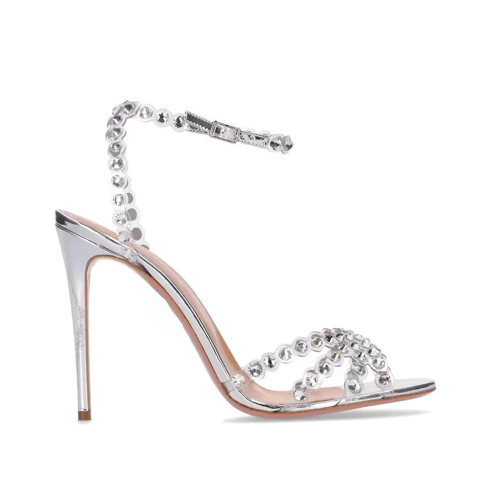 Rhinestone Sandal Women - รองเท้าส้นสูงแบบเจลลี่ประดับเพชร สไตล์ไฮโซ ไซส์พลัส สีเงิน เพิ่มความสูง ดีไซน์หัวเปิดประดับคริสตัล