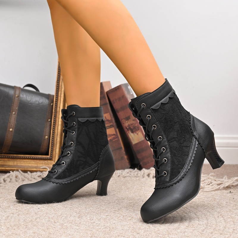 Court Heel Pointed - รองเท้าบูทส้นกลางแบบผูกเชือก ผ้าซาติน สำหรับงานแต่งงาน สไตล์โลลิต้า วิคตอเรียน คอร์ท
