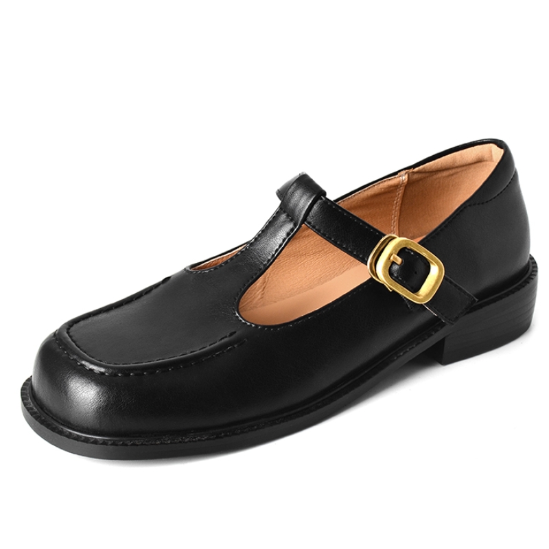 Women'S Shoes Loafers Black - รองเท้าส้นเตี้ยสตรีแบบสบาย ๆ หนังแท้แฟชั่นสบาย ๆ สายรัดรูปตัว T