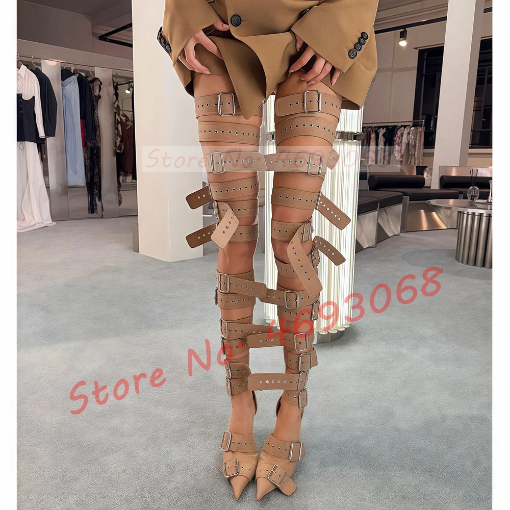 Metallic Heel Sandal - รองเท้าส้นสูงแบบรัดข้อเท้าสีนู้ด ปลายแหลม ประดับตาไก่เมทัลลิกเงา รองเท้าส้นสูงแบบยาวสำหรับผู้หญิง