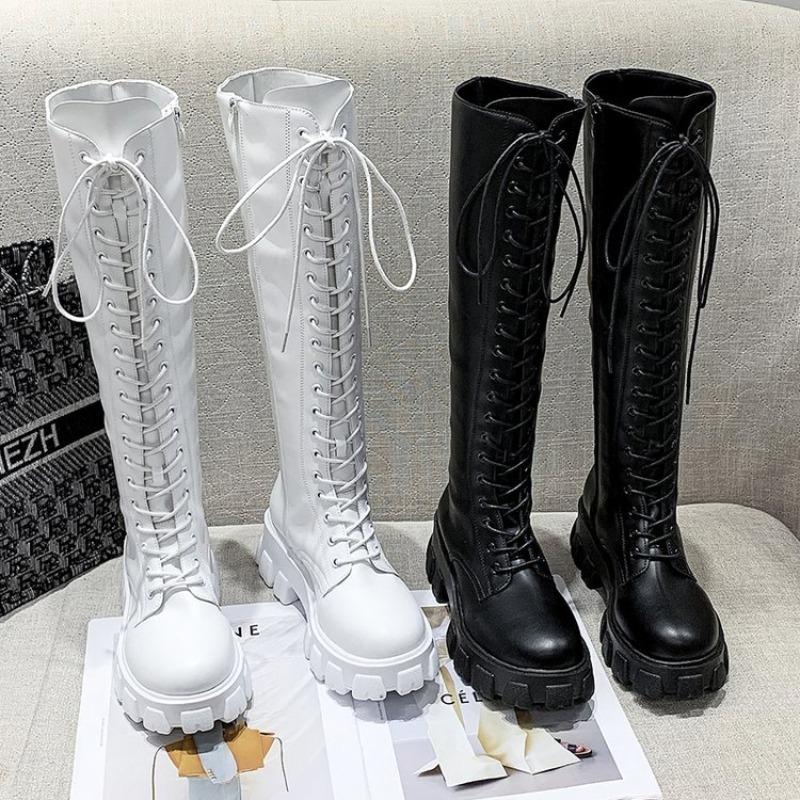 Knee High Boots Women - รองเท้าบูทผู้หญิงแบบผูกเชือก ความสูงระดับเข่า พื้นหนา ทรงหัวมน มีซิปด้านข้าง สำหรับฤดูหนาว