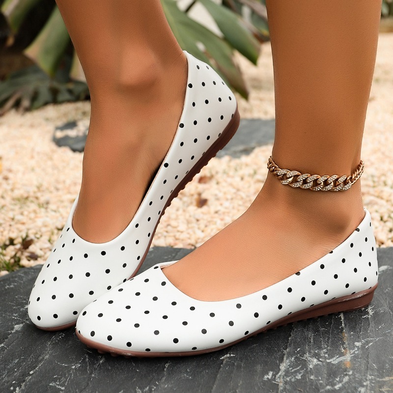 รองเท้าส้นเตี้ยสีขาวลายจุดสำหร - Women Shoes Loafers บทวิจารณ์และราคา