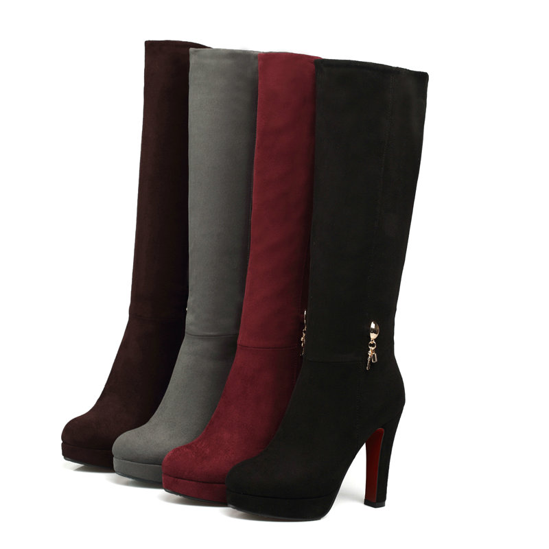 รองเท้าบูทส้นสูงทรงกลม สีเบอร์ - Knee High Boots Women บทวิจารณ์และราคา
