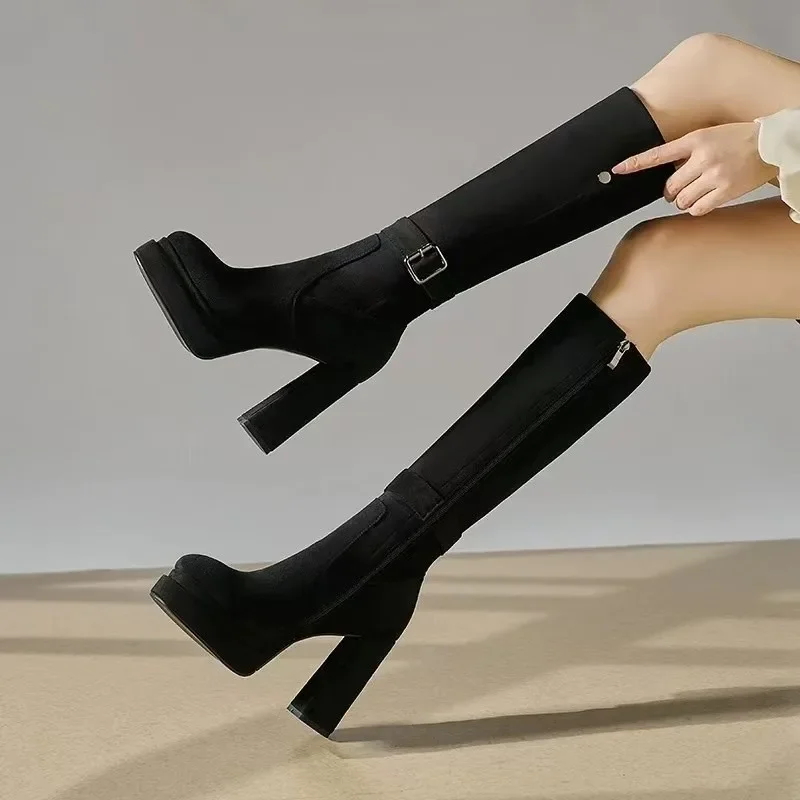 รองเท้าบูทส้นตึกสูงแบบหนาสำหรั - Knee High Boots Women บทวิจารณ์และราคา