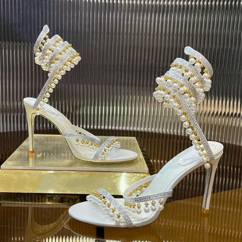 รองเท้าส้นสูงประดับมุกและคริสต - Rhinestone Sandal Women บทวิจารณ์และราคา