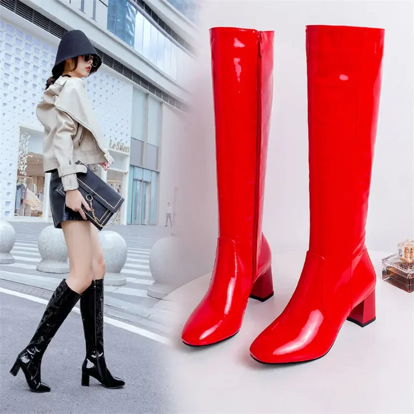 สีแดงสีขาวสิทธิบัตรหนังผู้หญิง - Knee High Boots Women บทวิจารณ์และราคา